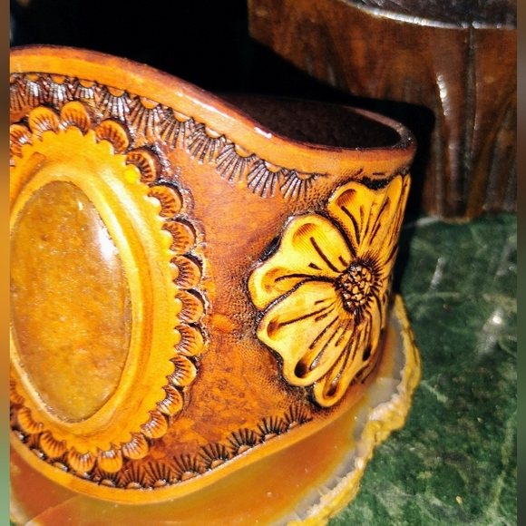 Custom Leather Cuff with Citrine Centerpiece - Picture 3 of 5